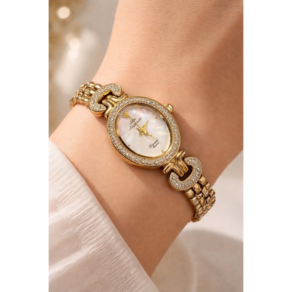 Jules Jurgensen Diamond Quartz Ladies Watch MOP Dial Gold Tone New Battery Runs